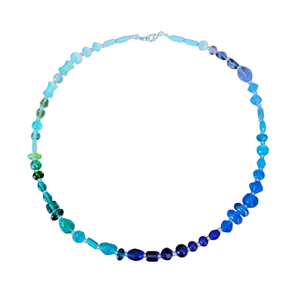 Handmade Beaded Necklace 21.5 Blue Green Salvaged Glass‎ Beads Boho Artsy Bright
